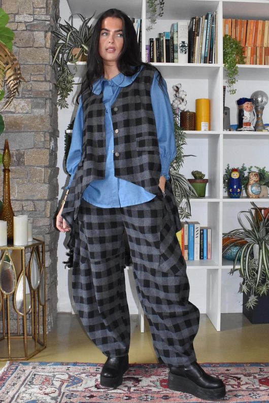Nora Brushed Cotton Gingham Trapeze Waistcoat Black